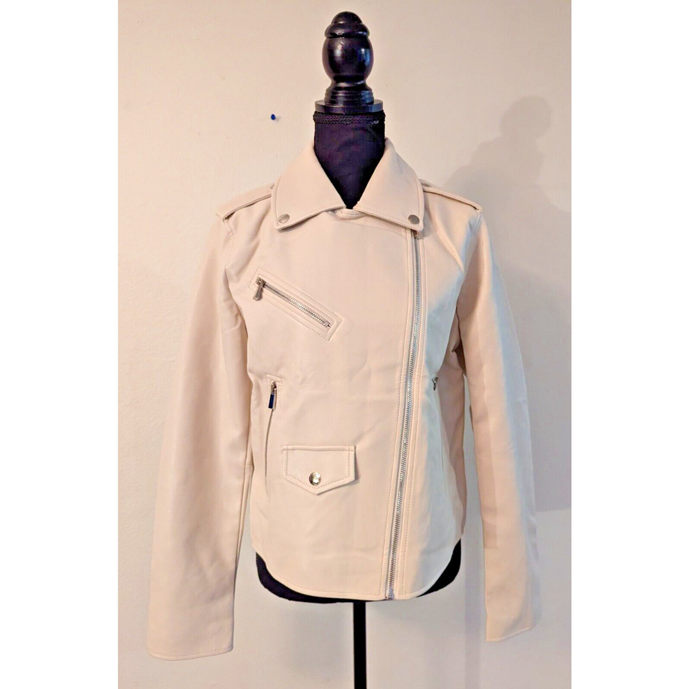 New Lulus sz S Faux Vegan Leather Moto Biker Jacket zippers beige 4504 - Picture 1 of 4